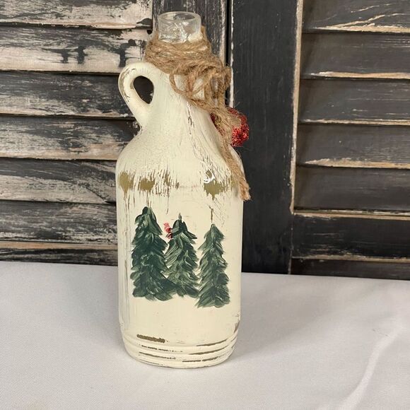 Hand Painted Pine Trees on old bottle Red Pine Cones - Picture 2 of 4